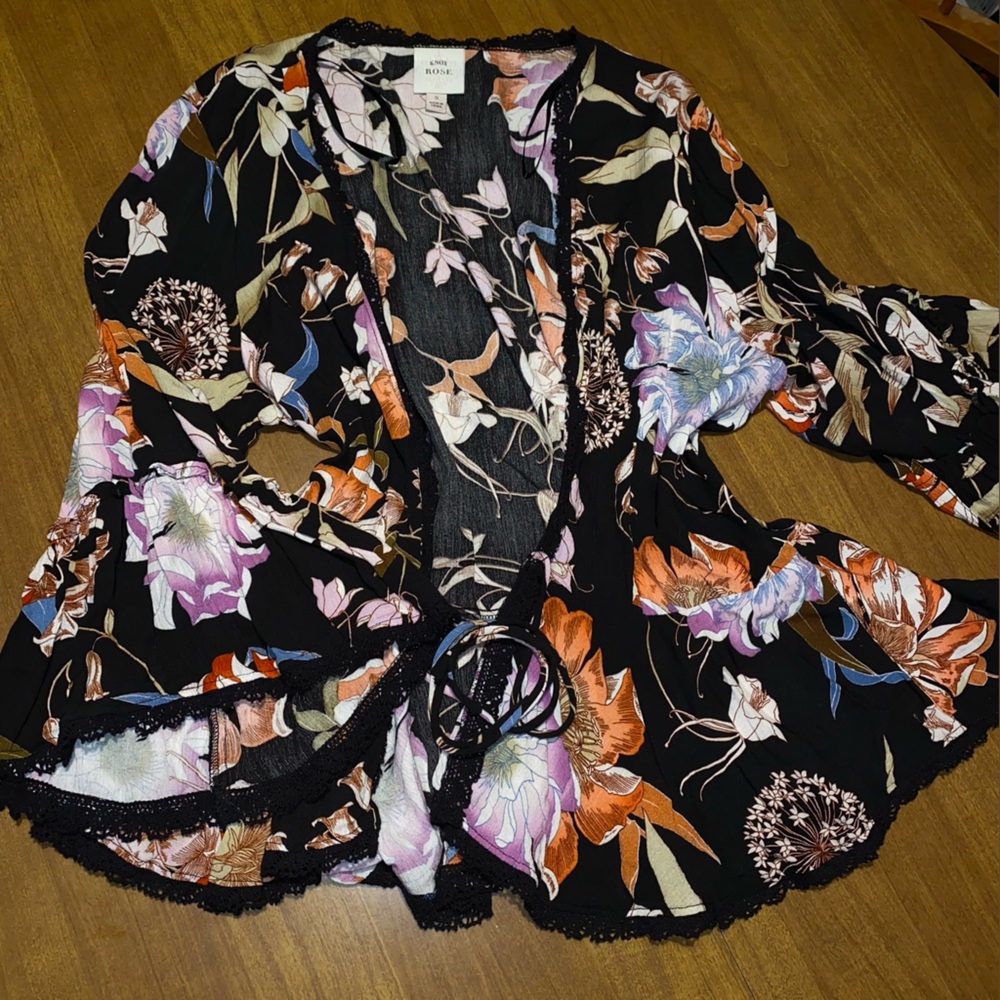 Knox Rose Black and Orange Floral Tie Front Blouse